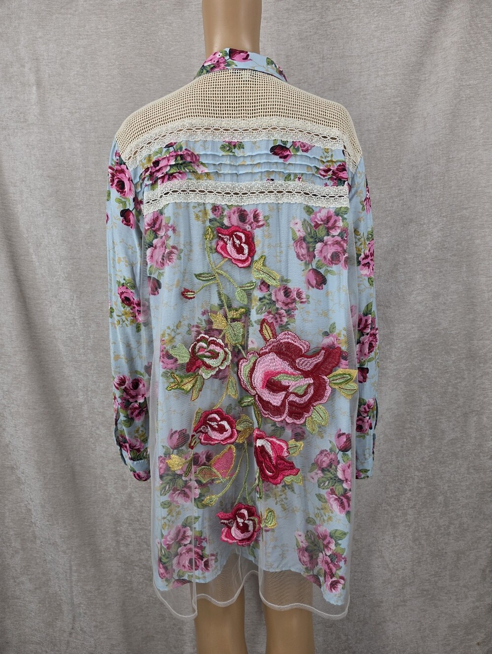 John Mark Floral Embroidered Sheer Panel Long Sleeve Top Mixed Pattern Patchwork